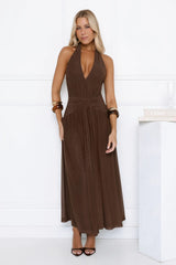 Whispered Promises Halter Mesh Maxi Dress Brown